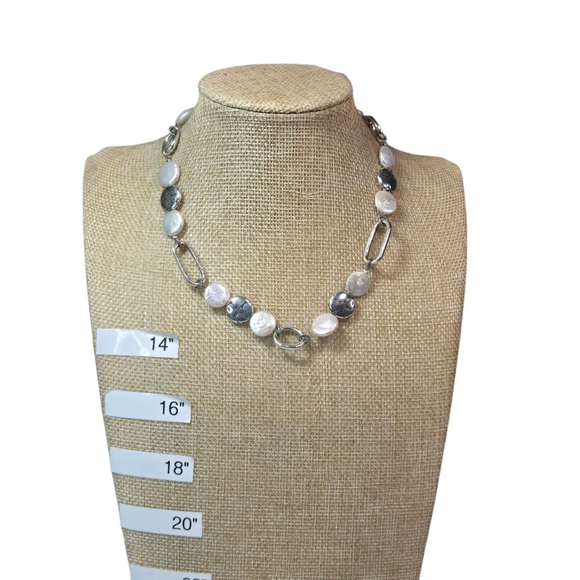 Vintage Brighton Necklace Pebble and Pearl Silverplate Discs White Button Pearls
